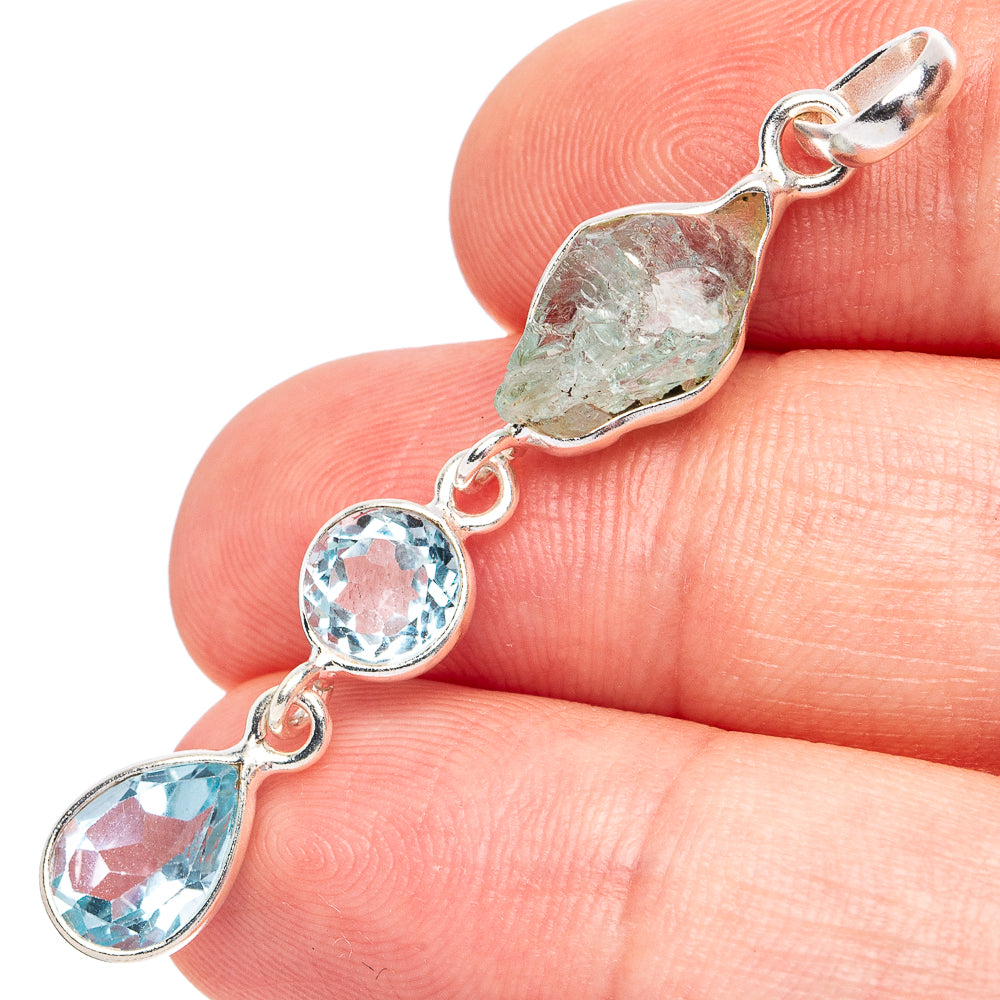 Dainty Aquamarine, Blue Topaz Pendant 1 7/8" (925 Sterling Silver)