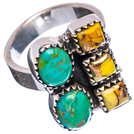 Sterling silver adjustable ring with three turquoise ovals and yellow square accents