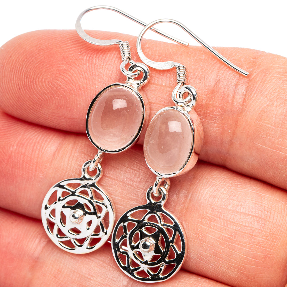 Rose Quartz Flower 925 Sterling Silver Premium Earrings 1 5/8" (925 Sterling Silver) E2265