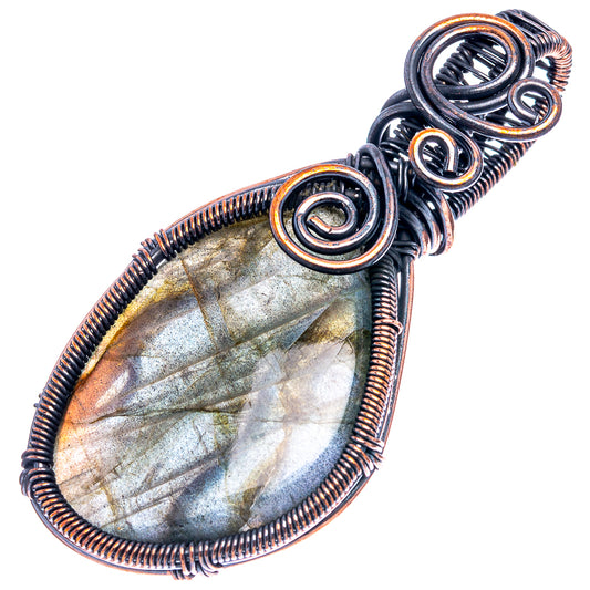 Oxidized copper wire wrap teardrop pendant with iridescent labradorite stone, front view