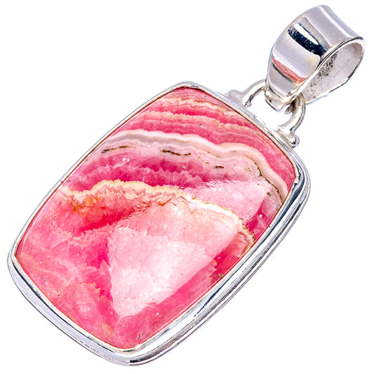 Rounded rectangular sterling silver rhodochrosite pendant with pink striped cabochon bezel