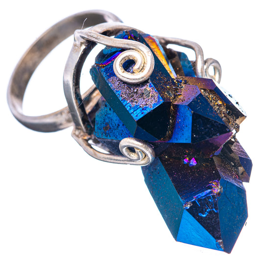 925 sterling silver ring with blue aura quartz crystal and spiral prongs