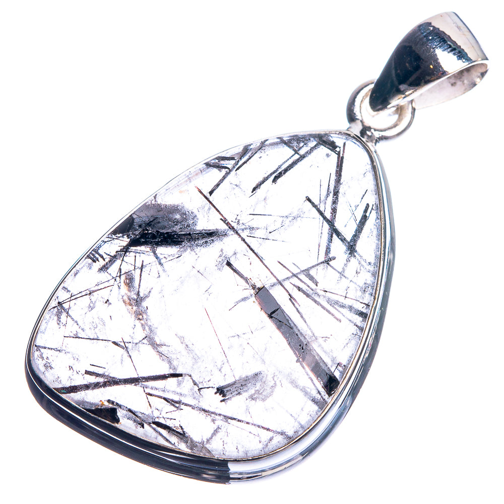 Tourmalinated quartz 925 silver pendant, teardrop cabochon with white stone and black needle lines