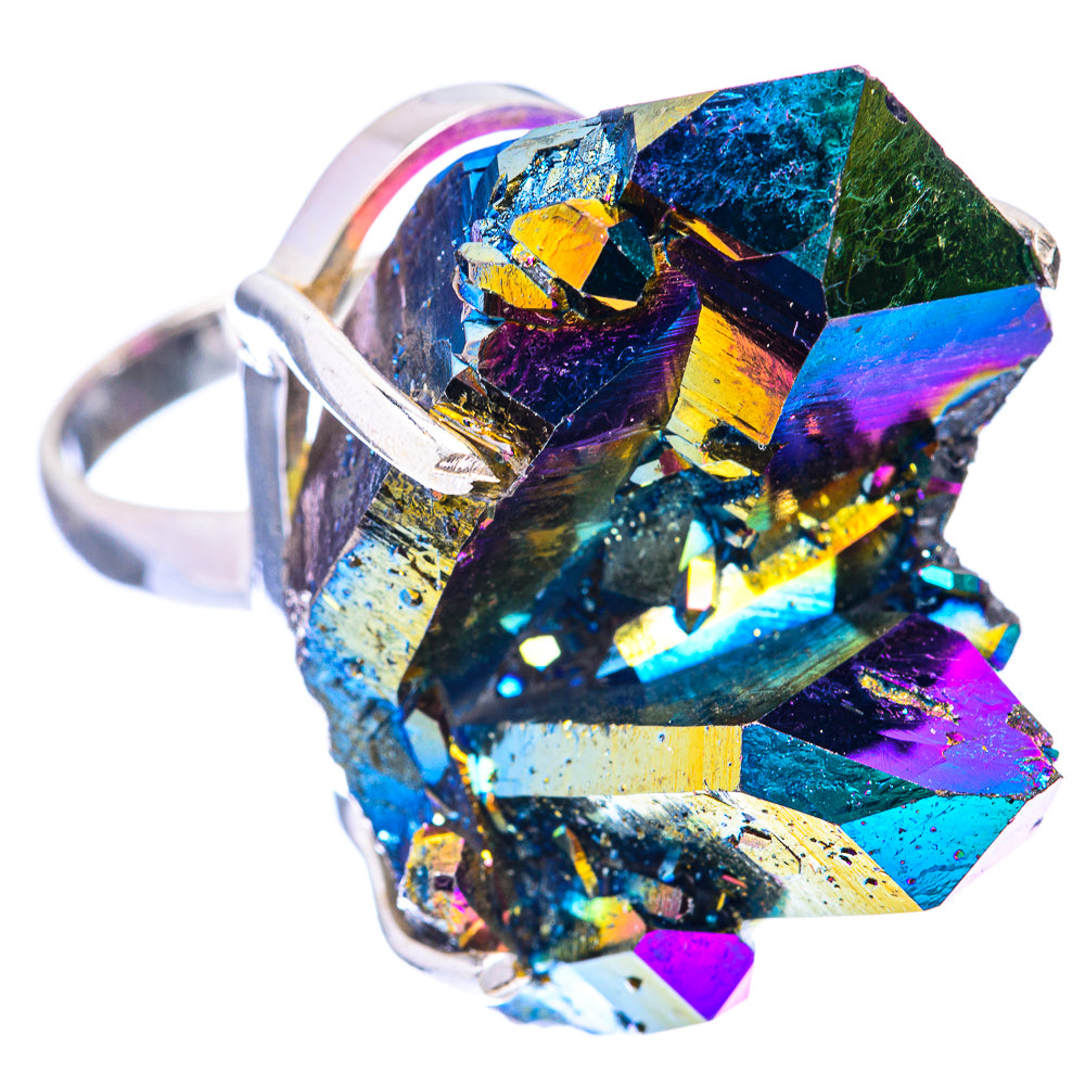 925 sterling silver ring with large iridescent druzy top, multicolor prong setting