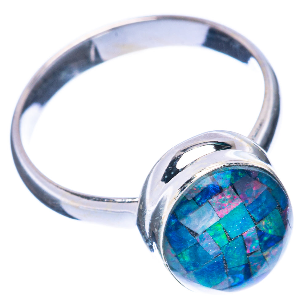 Sterling silver opal triplet ring showing oval blue-green stone on raised band