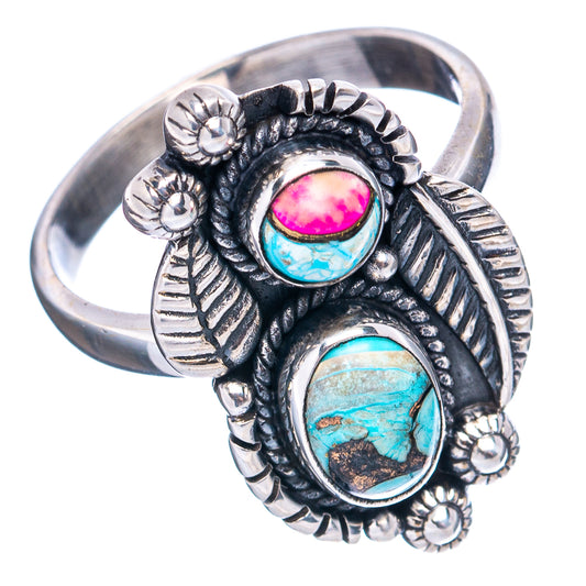 Silver Native-style ring with two colorful oval cabochons, pink and turquoise, size 8