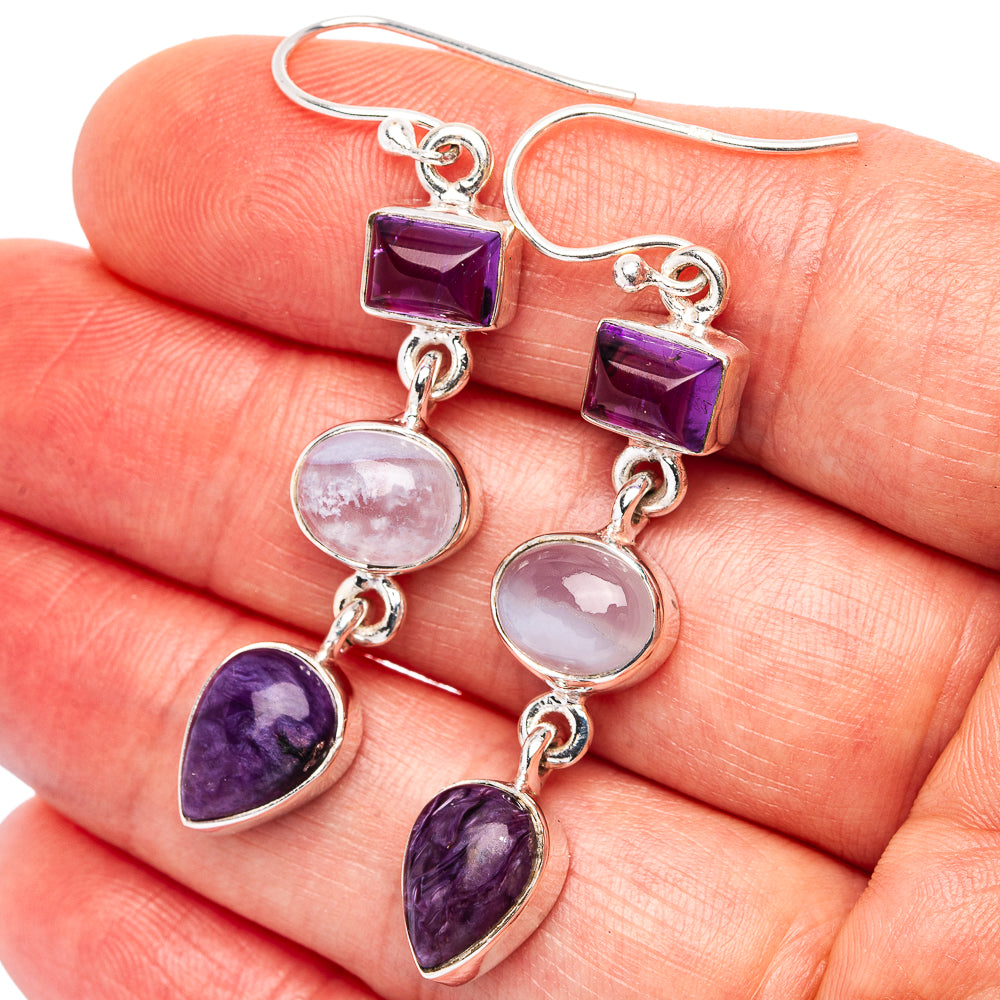 Premium Rainbow Moonstone, Charoite, Amethyst Earrings 2" (.925 Sterling Silver)