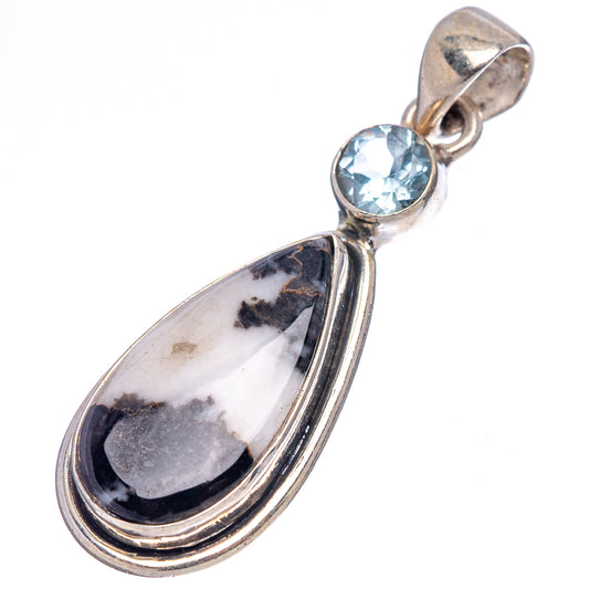 Sterling silver buffalo-style pendant with blue gemstone top and white-black teardrop stone