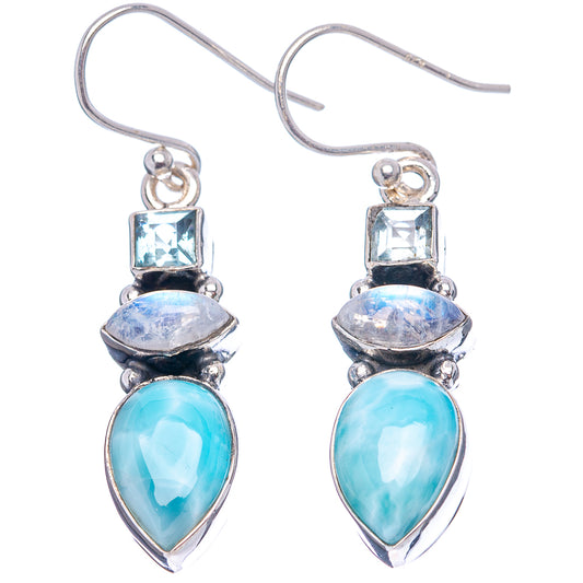 Sterling silver drop earrings with square blue top stone and oval blue gemstone drops