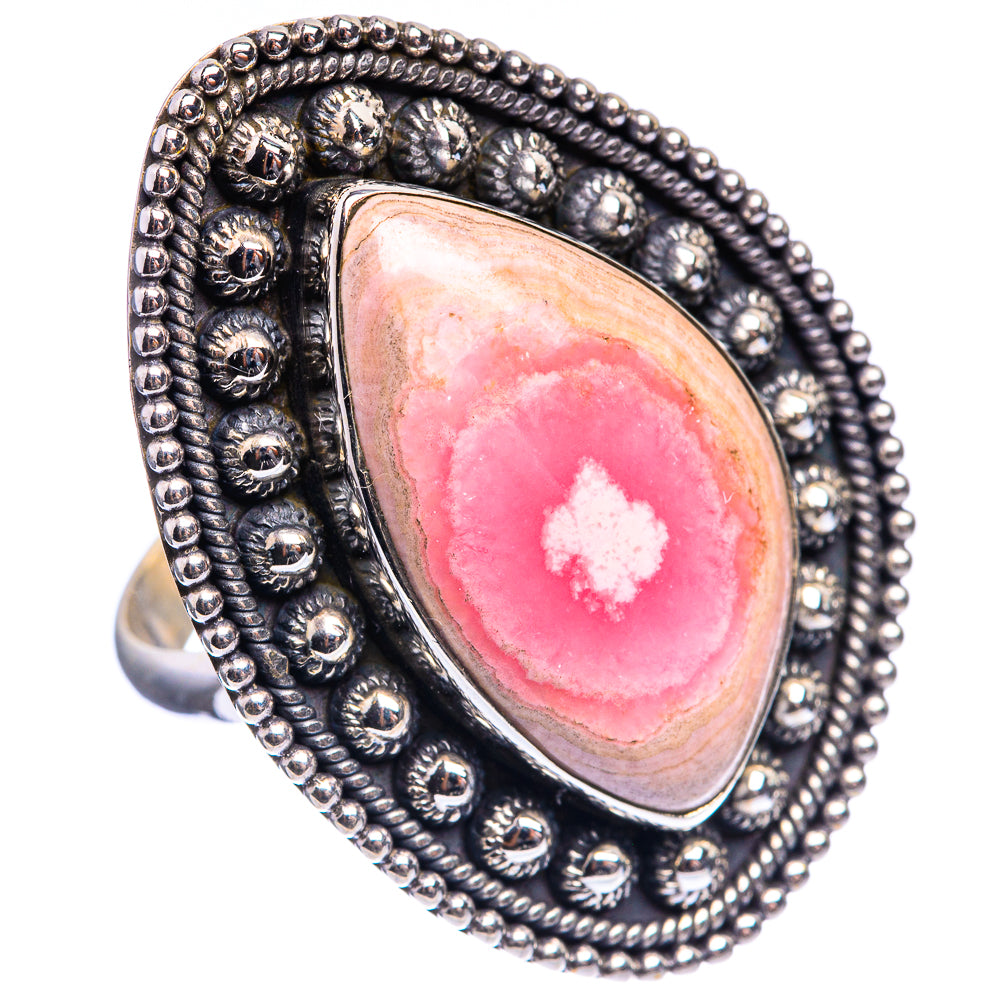 Sterling silver statement ring with pink rhodochrosite oval cabochon, beaded border