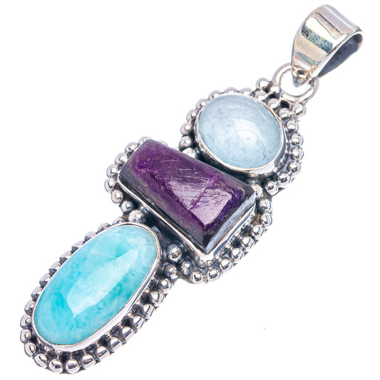 Sterling silver gemstone pendant with light-blue oval, purple rectangle, and turquoise oval stones