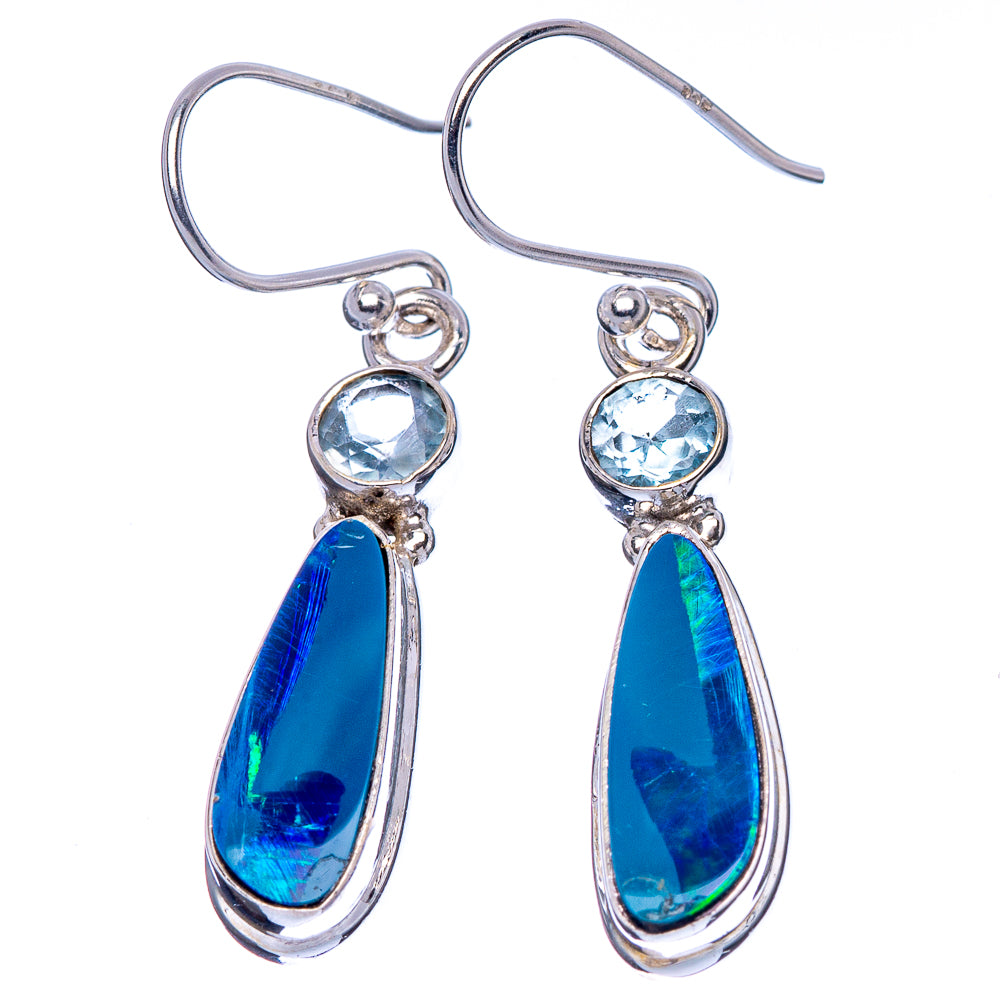 Rare Doublet Opal, Blue Topaz Earrings 1 5/8" (925 Sterling Silver) E1652