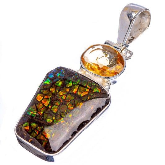 Sterling silver ammolite pendant with orange oval citrine bezel and iridescent panel