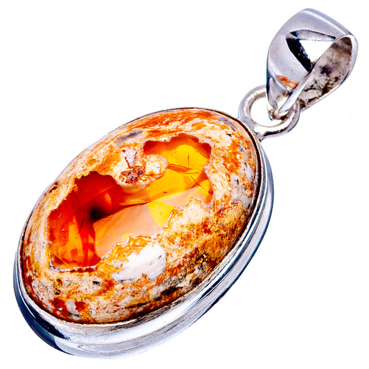 Mexican fire opal pendant in oval set sterling silver, orange-red stone with white matrix