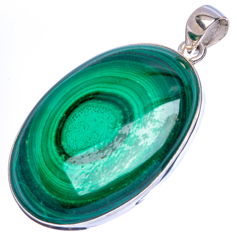 Oval malachite pendant with green swirls, 925 sterling silver frame and bail