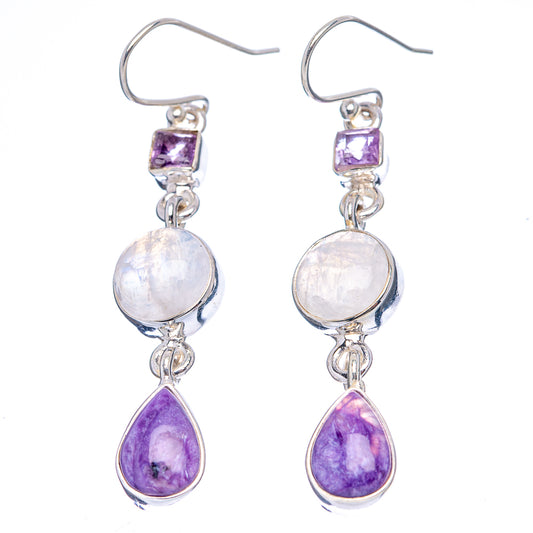 Sterling silver dangle earrings: fishhook, purple square, moonstone rounds, amethyst teardrops