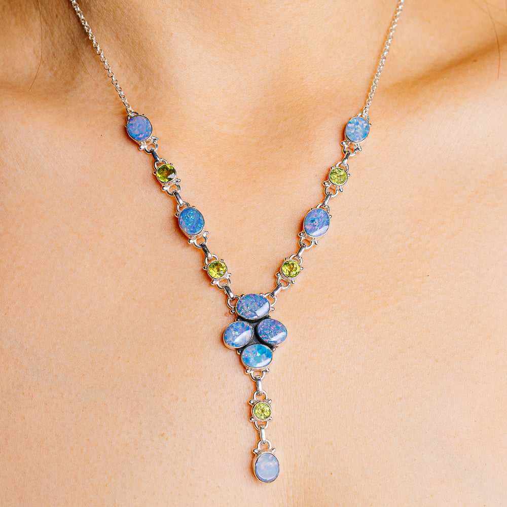 Doublet Opal, Peridot Necklace 18 to 20" (.925 Sterling Silver)