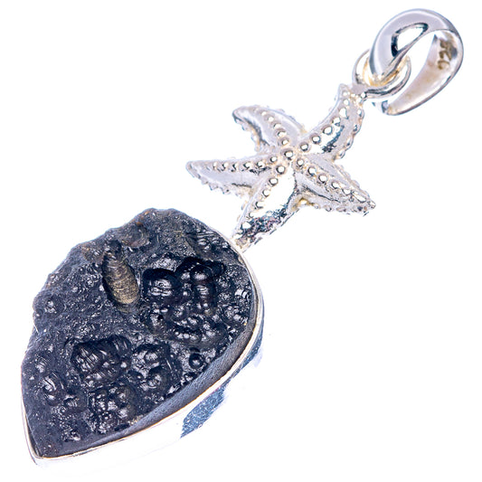 Sterling silver seastar pendant with dark tektite stone teardrop bezel
