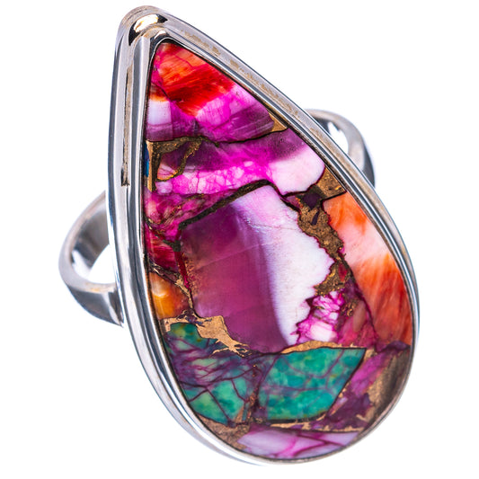 Teardrop cabochon ring in sterling silver with multicolor pink and turquoise mosaic