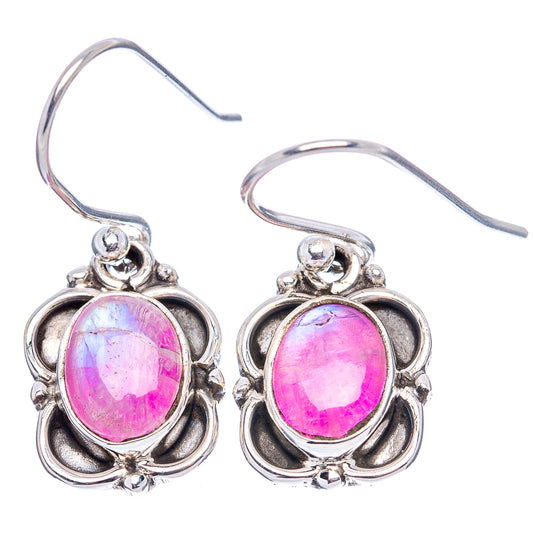 Pink moonstone drop earrings, .925 sterling silver oval bezel with fishhook backs