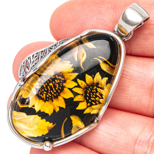 Amber Intaglio Sunflower Pendant 2" (925 Sterling Silver) P42580
