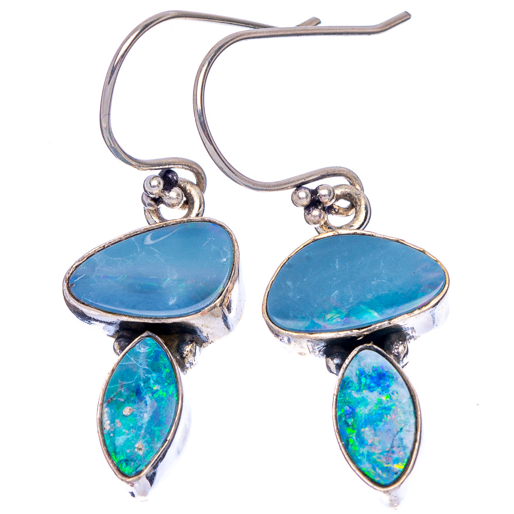 Sterling silver opal doublet drop earrings, oval top stone with two blue-green teardrops