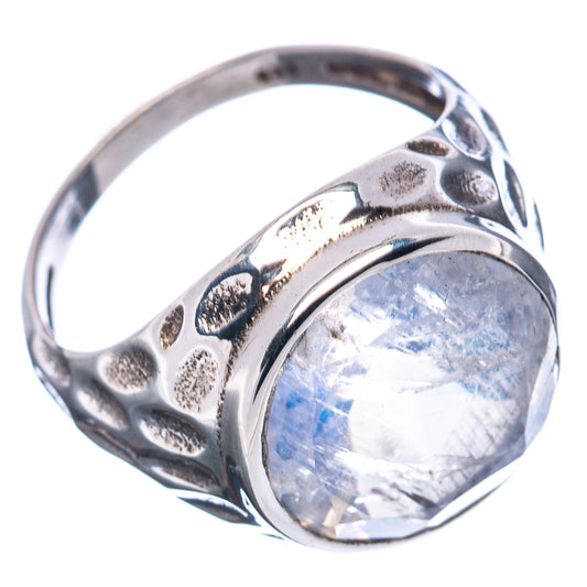 Sterling silver oval rainbow moonstone ring, raised bezel and dimpled patterned band