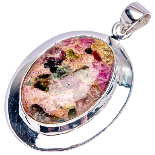 Sterling silver oval tourmaline matrix pendant with hanging bail and pink-green gemstone