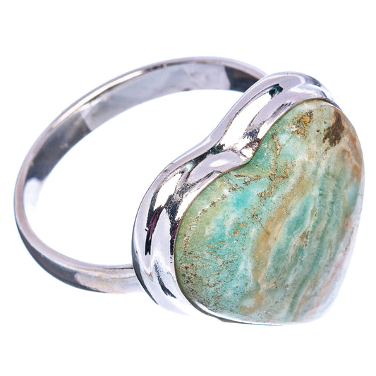 Sterling silver heart ring with blue-green aragonite stone, side profile