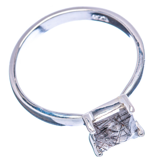 Sterling silver ring with square tourmalinated quartz centerpiece, prong-set