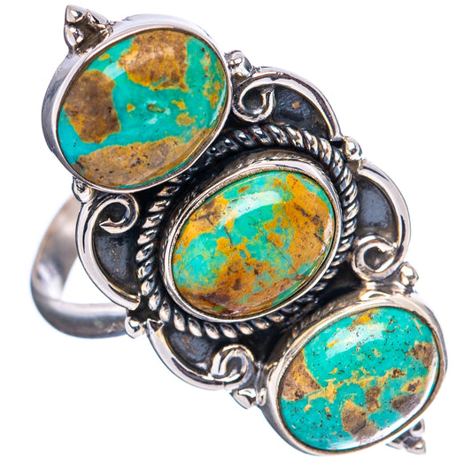 Ornate sterling silver adjustable ring with three turquoise oval cabochons