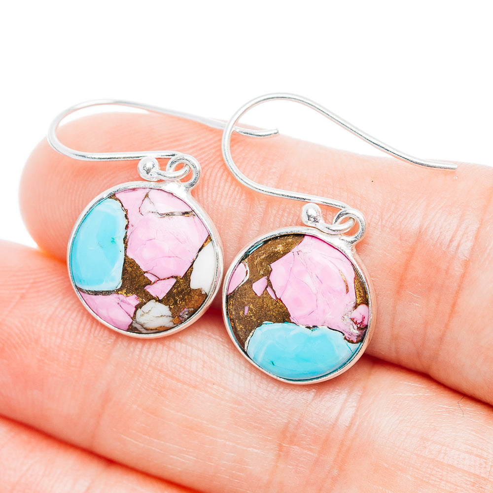 Round sterling silver drop earrings with turquoise and pink stone inlays