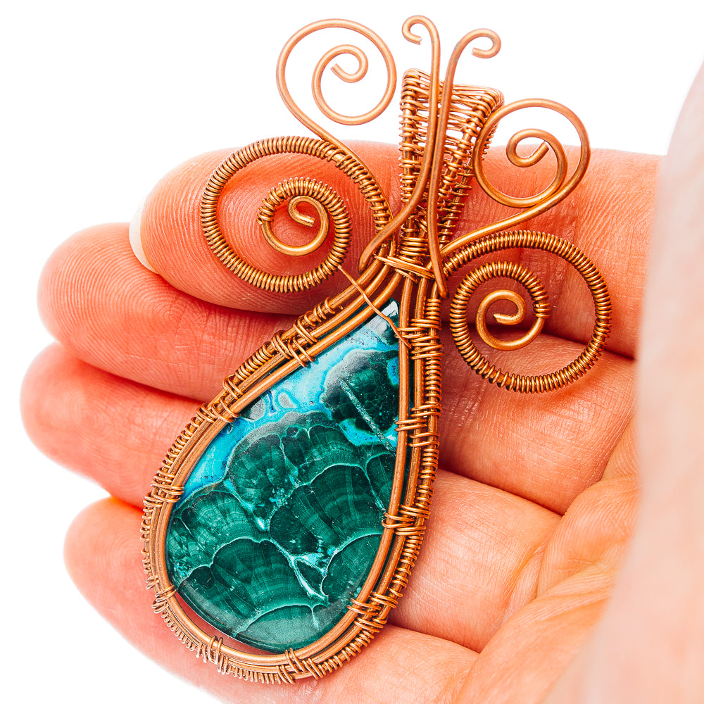 Malachite In Chrysocolla Wire Wrap Pendant 2 5/8" (Copper)