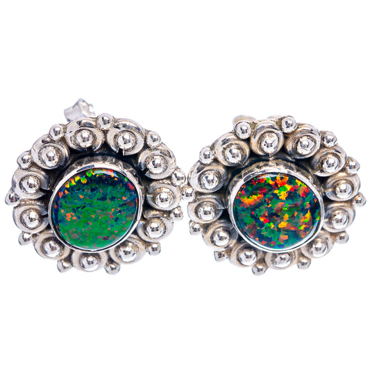 Sterling silver opal stud earrings, round multicolor cabochon with scalloped bead border