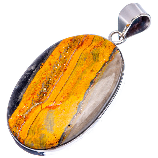 Oval bumblebee jasper pendant in .925 sterling silver setting, yellow center with black edges.