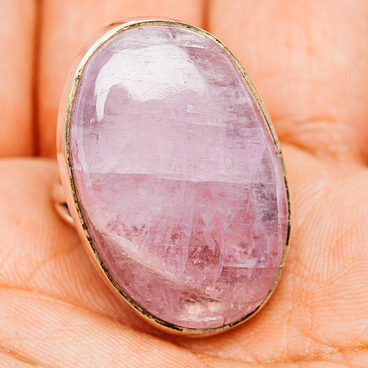 Oval pink kunzite ring with .925 sterling silver bezel, size 7