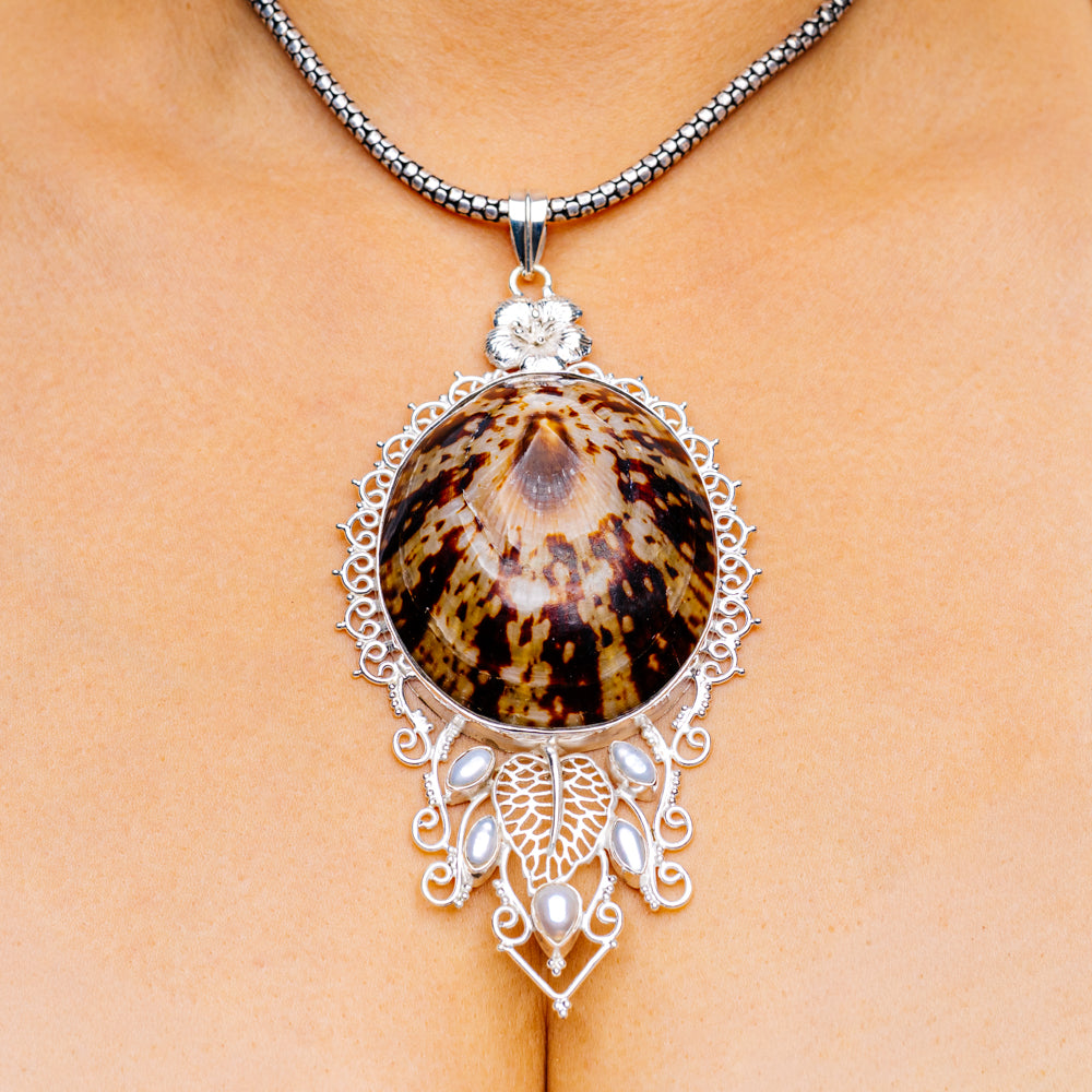 Limpet shell pendant with cultured pearl, ornate sterling-silver filigree