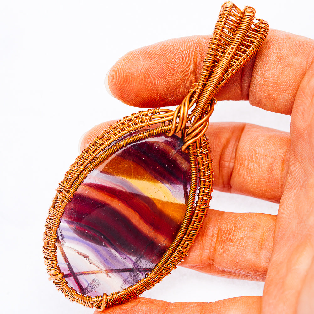 Banded Fluorite Wire Wrap Pendant 3 1/2" (Copper)