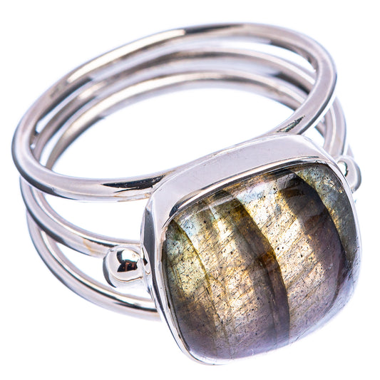 Sterling silver labradorite ring with oval bezel, side view showing golden-lavender shimmer