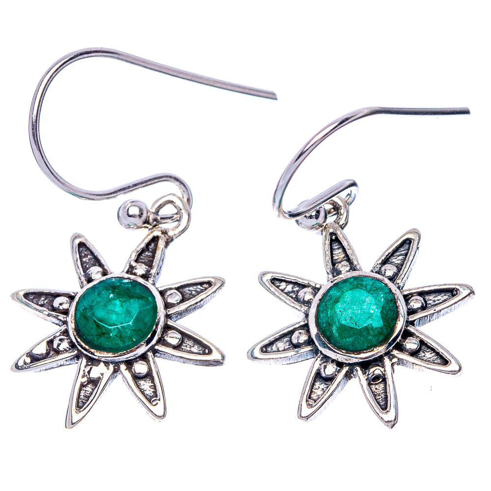 Green gemstone flower earrings in sterling silver, open hooks with star-shaped petals