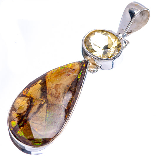 Sterling silver pendant with yellow lemon quartz cabochon and teardrop ammolite