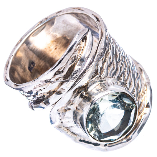 Ornate oval green amethyst sterling silver adjustable ring, textured band close-up