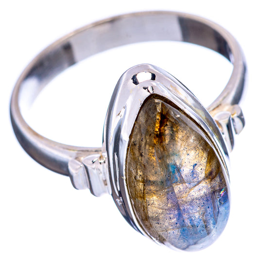 Size 7.75 labradorite ring in .925 sterling silver, side view of oval teardrop bezel