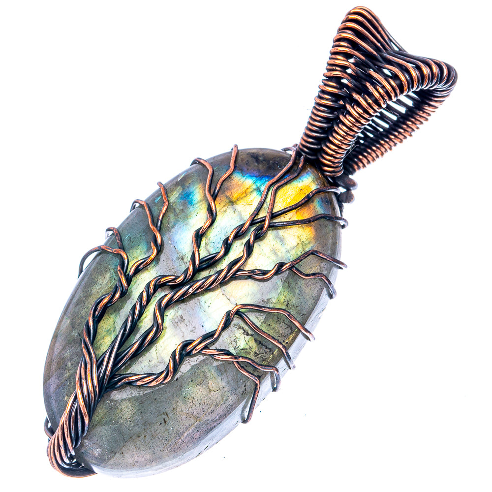 Oxidized copper labradorite pendant, oval stone with tree-of-life wire design