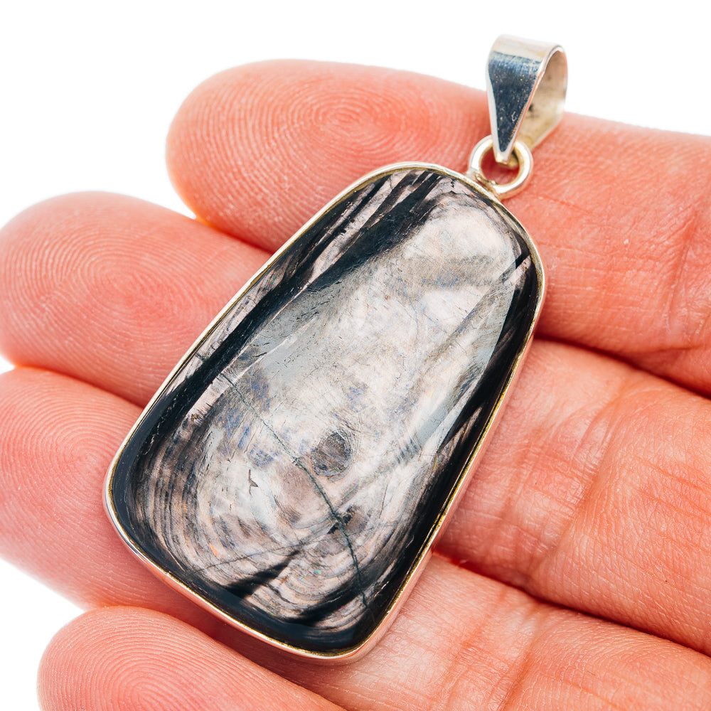 Sterling silver pendant with rectangular bezel set black and gray hypersthene stone