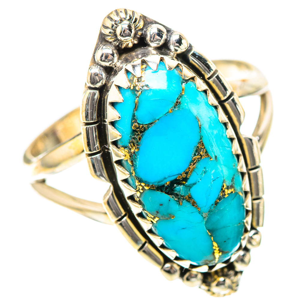 Turquoise oval cabochon sterling silver ring with detailed band and blue stone, gold matrix