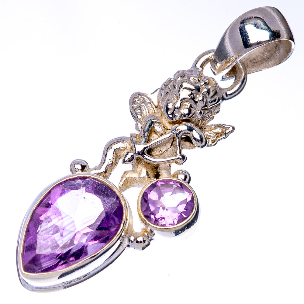 Sterling silver angel pendant with faceted oval amethyst and two round cabochon-style stones