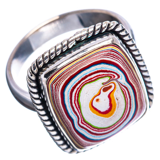 Square fordite inlay ring in polished sterling silver, rope edge bezel and multicolor stripes