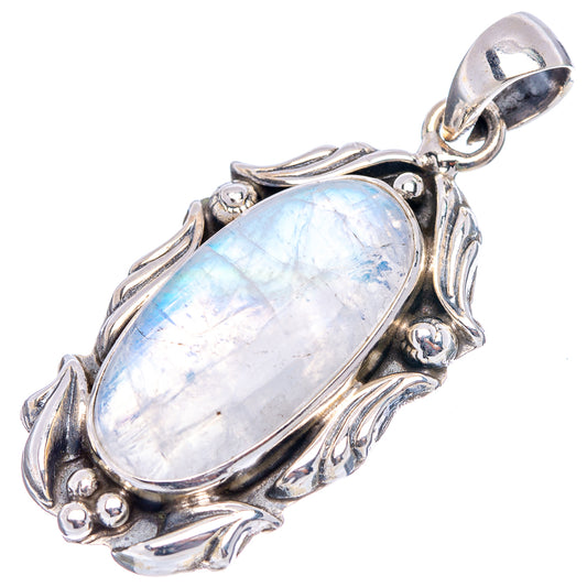 Oval moonstone pendant in .925 sterling silver with ornate leaf setting and bail