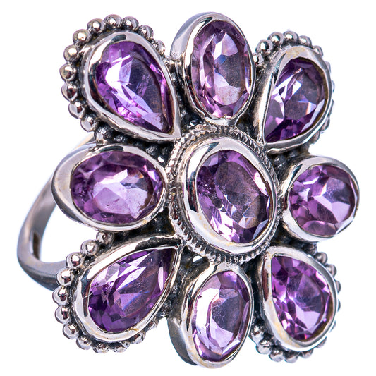 Amethyst flower ring top view with oval purple stones in .925 sterling silver
